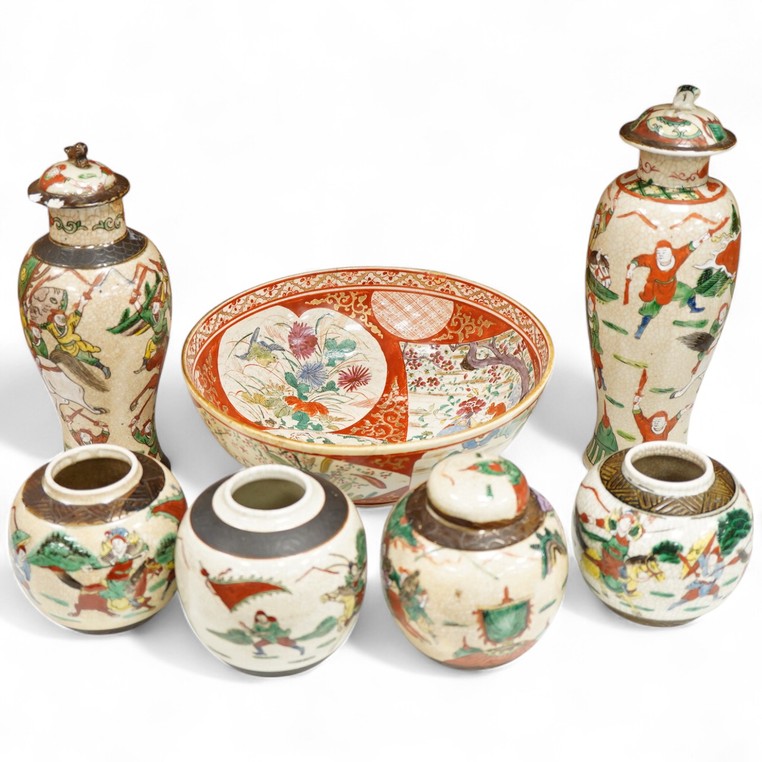A pair Chinese crackle glaze vases and covers, four jars one with cover and a Japanese Kutani bowl, bowl 30cm diameter